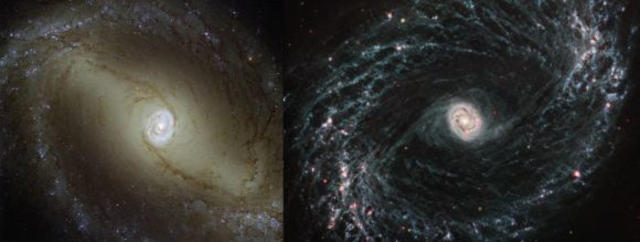 Galaxia NGC 1433 văzută de Hubble și JWST