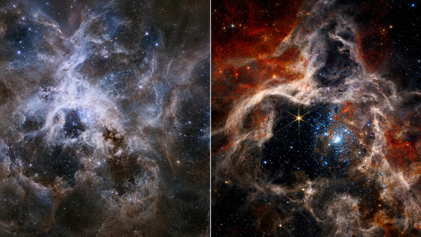 Nebuloasa Tarantula văzută de telescoapele Hubble și James Webb
