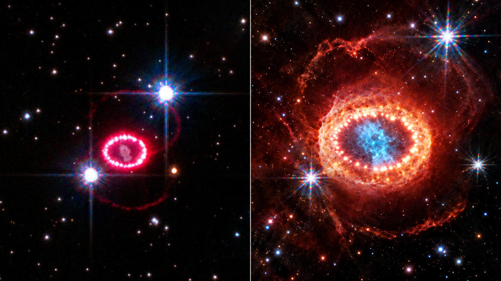 Rămășița supernovei SN 1987A văzută de telescoapele Hubble (stânga) și James Webb (dreapta).
